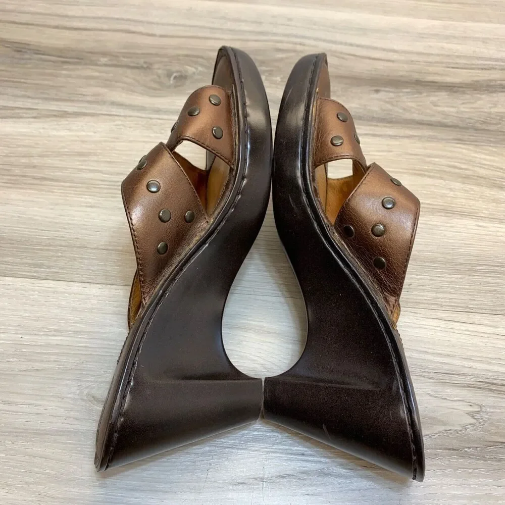 Born‎ Tupelo W5230 Brown Studded Wedge Heels Sandals Womens 8 EU 39 Criss Cross
